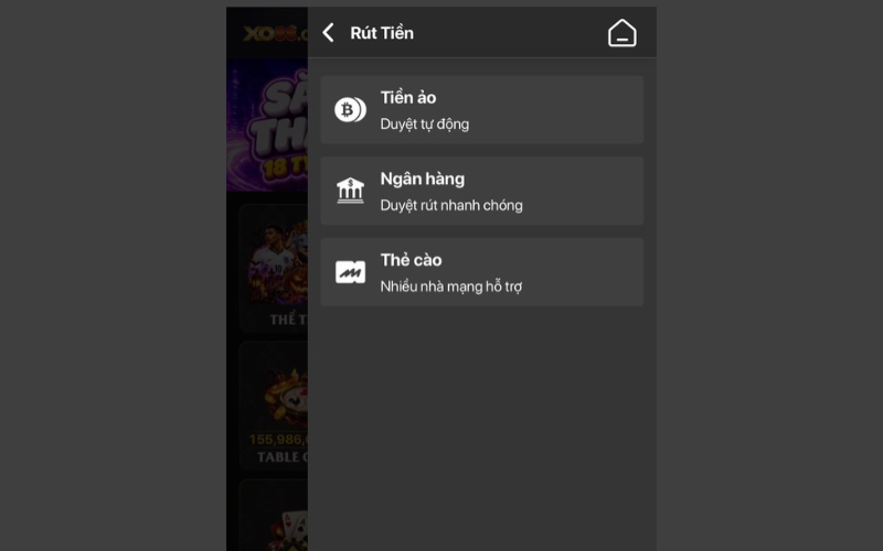 Chọn lệnh rút tiền trên trang chủ Xo88
